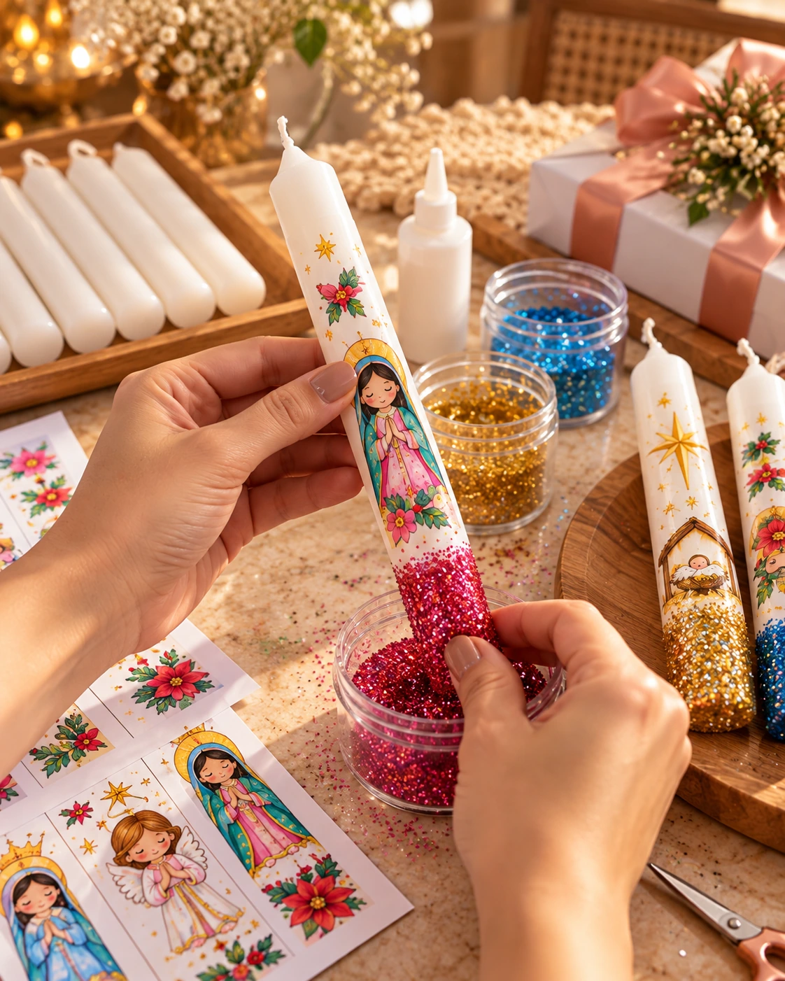 Hands personalizing a taper candle